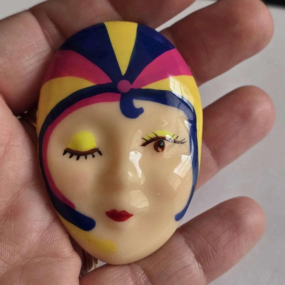 Vintage flapper brooch neon plastic woman head face art deco pin